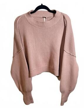 Free People Pink Ribbed Knit Sweater with Balloon Sleeves